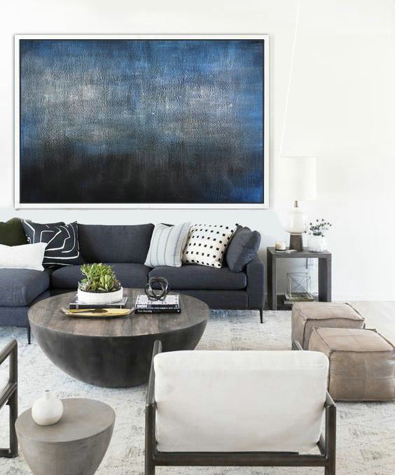 Extra Large Acrylic Painting On Canvas,Oversized Horizontal Contemporary Art,Extra Large Canvas Painting,Dark Blue,Grey,Black.etc